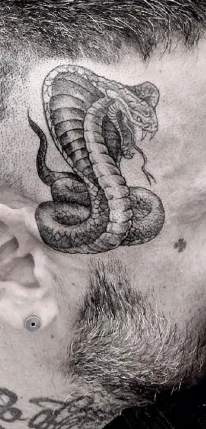 Intricate black and white snake tattoo on a shaved head.