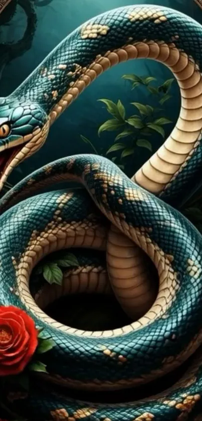 Coiled snake amidst red roses in a forest.