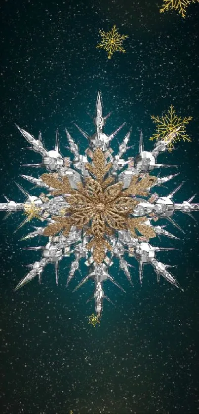 Intricate snowflake with starry night background.