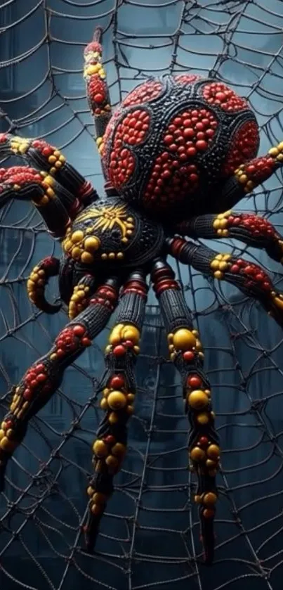 Intricate red and yellow spider on a complex web.