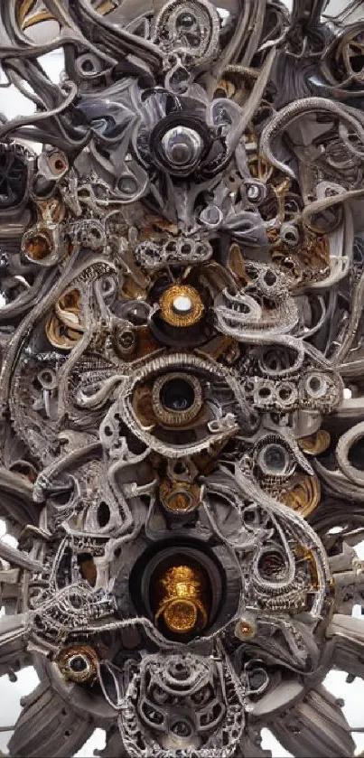 Intricate steampunk gears with a mechanical design in grayscale with gold highlights.