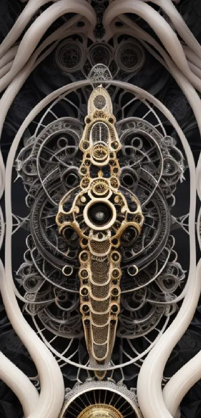 Intricate steampunk wallpaper with golden gears and ornate patterns.