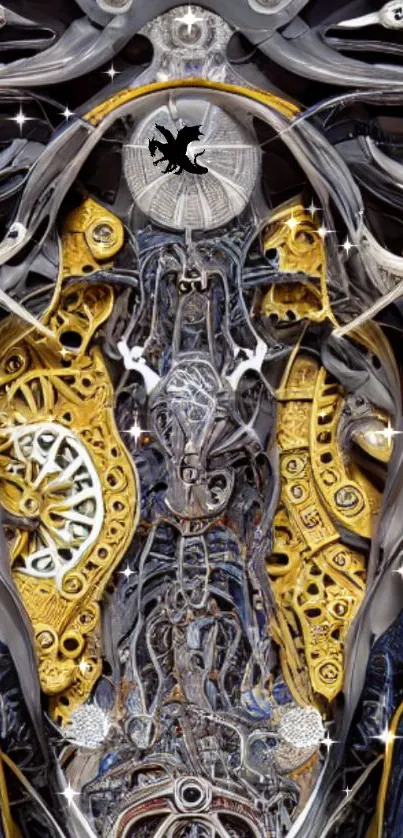 Intricate steampunk mechanical art with gold accents and gears.