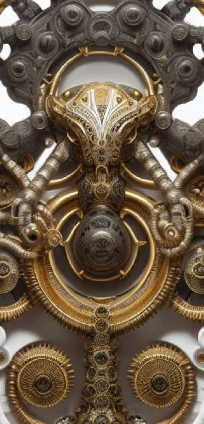 Intricate steampunk design with gold accents on a mobile phone wallpaper.