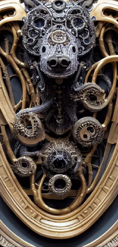 Steampunk art wallpaper with intricate bronze design and mechanical details.