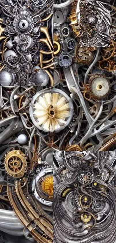 Intricate steampunk design with gears and metal elements on a phone wallpaper.