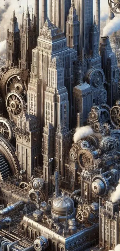Steampunk cityscape featuring intricate gears and towering buildings in taupe hues.