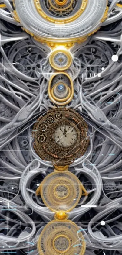 Intricate steampunk clock with gears in a metallic design wallpaper.