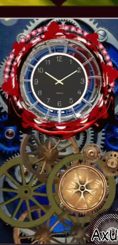Steampunk clock wallpaper with intricate gear design and vivid colors.