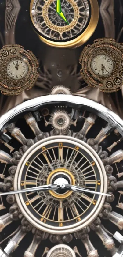 Intricate steampunk clock design with gears and vintage elements as wallpaper.