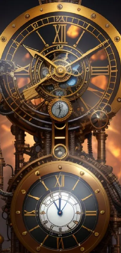 Steampunk clock with intricate gears and copper tones, perfect for mobile wallpaper.