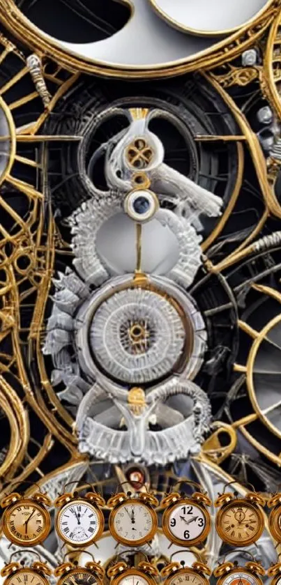 Intricate steampunk design with gears and clocks in a gold and black color scheme.