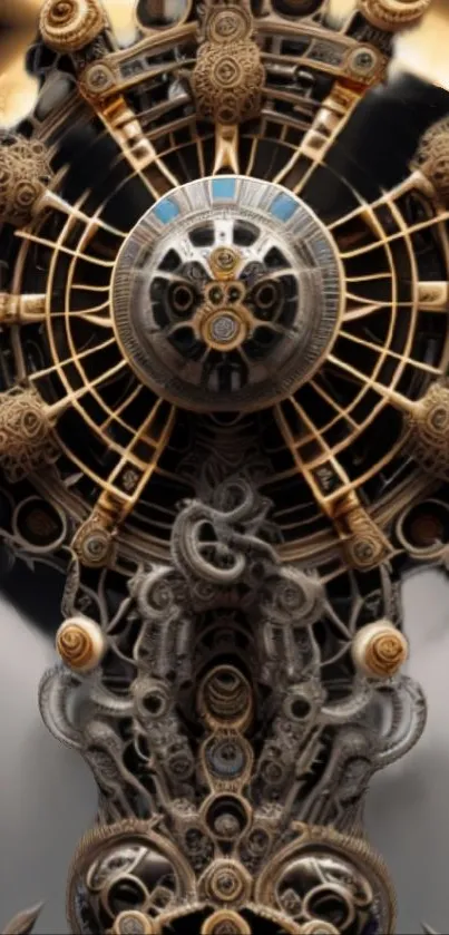 Intricate steampunk clock with gears and vintage design in brown tones.