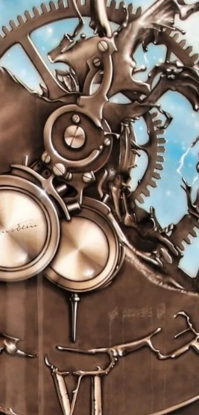 Intricate steampunk clockwork design with bronze gears on a sky blue background.