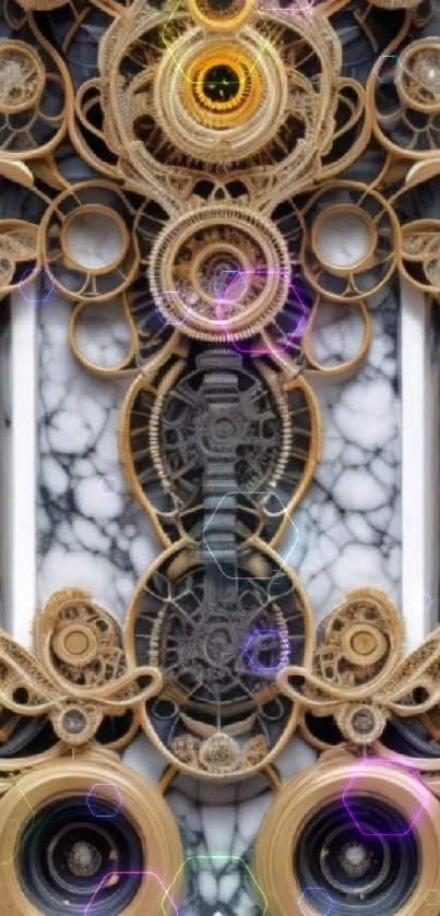 Intricate steampunk wallpaper with brass gears and clockwork design.