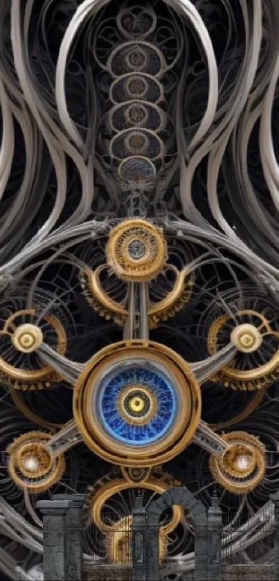 Intricate steampunk wallpaper with cogs and gold details.