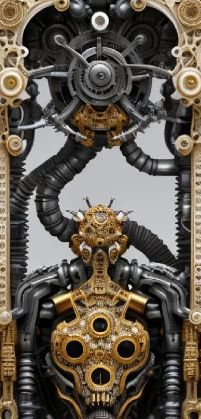 Intricate steampunk gear design in brass and silver tones for mobile wallpaper.