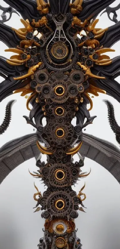 Intricate steampunk design with gears and metallic details on a gray background.