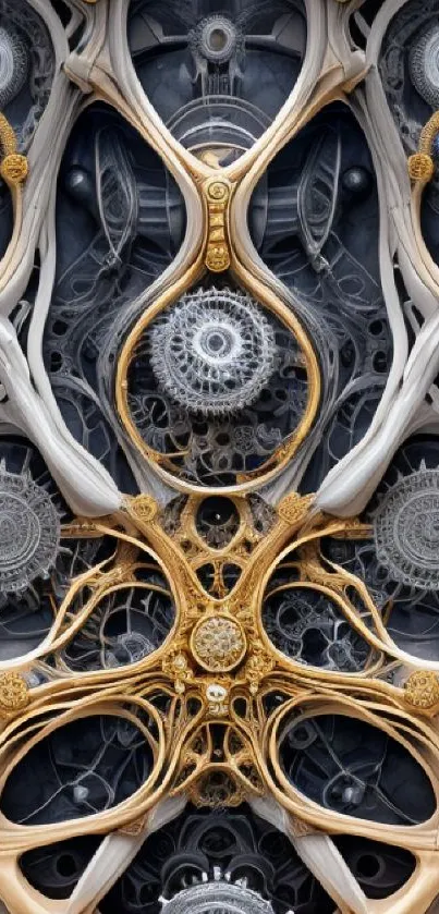 Intricate steampunk wallpaper with gears and metallic hues.