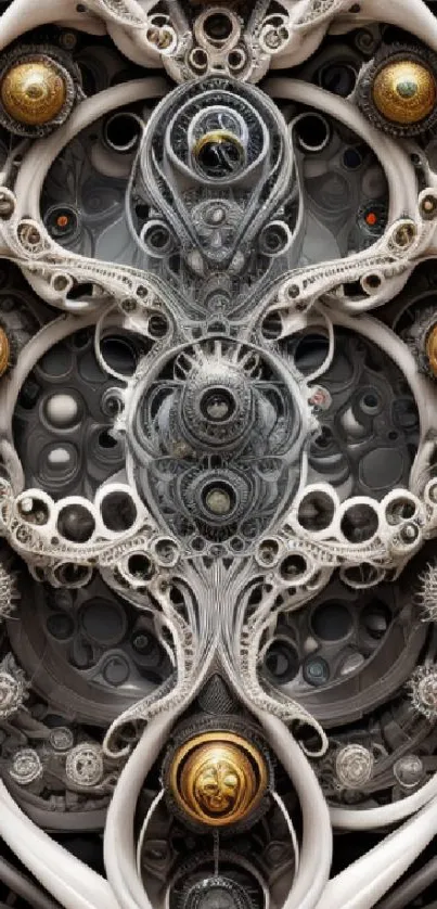 Intricate steampunk wallpaper with gears and metallic design elements.