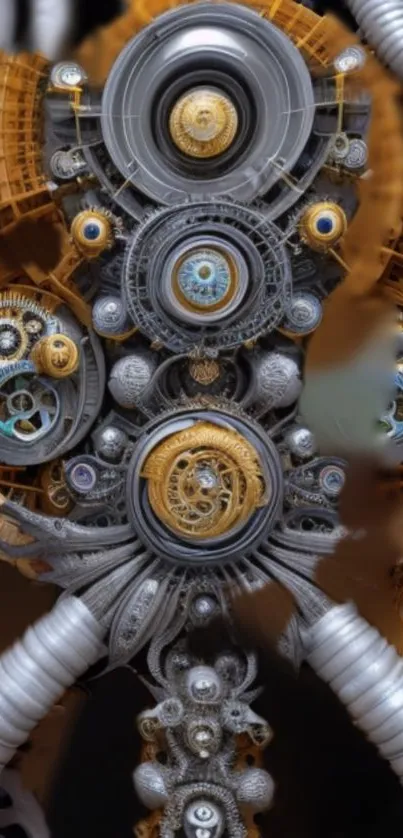 Intricate steampunk design with gears in gold and silver hues.