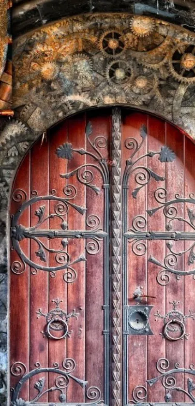 Steampunk-themed ornate wooden door with intricate gears