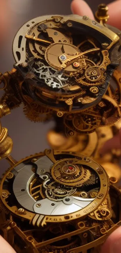 Steampunk artwork featuring intricate golden gears in a mechanical design.