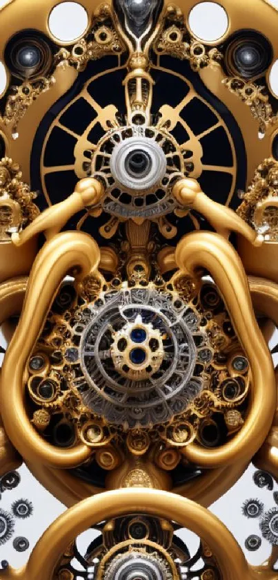 Intricate golden steampunk gear art mobile wallpaper.