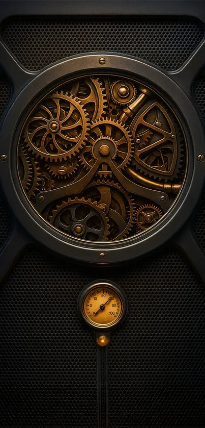 Steampunk gears and vintage clock artwork on mobile wallpaper.