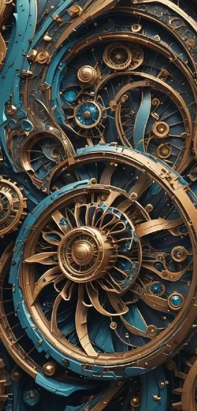 Intricate steampunk gear design in teal and gold tones.