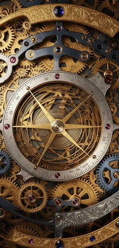 Intricate steampunk gear design with gold elements.