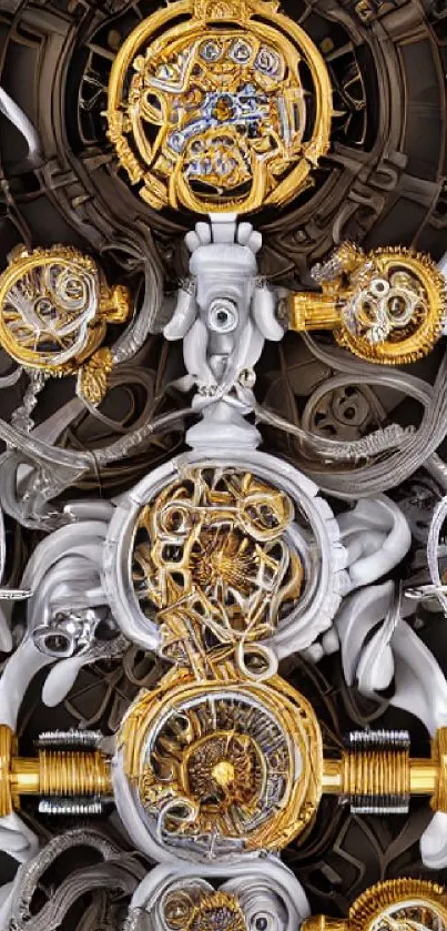 Intricate steampunk wallpaper with gold gears and detailed mechanical elements.