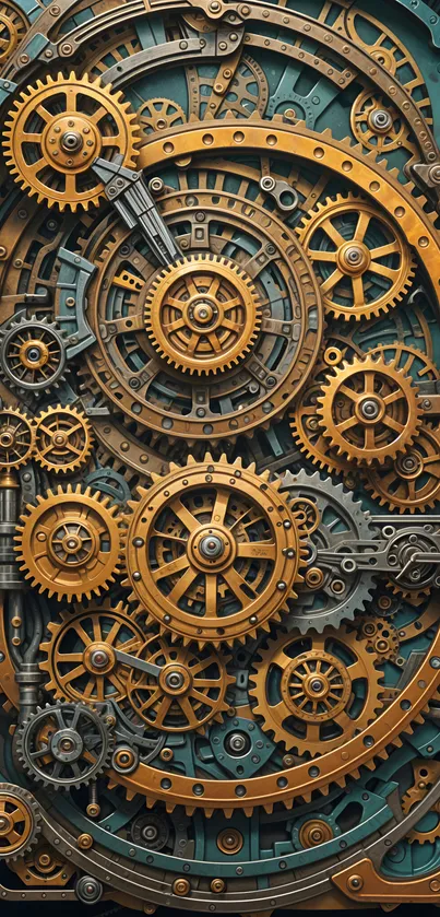 Intricate steampunk gear design with golden cogs on a teal background.