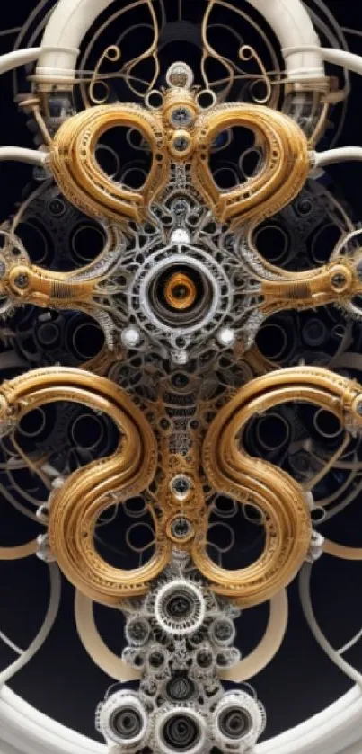 Steampunk gear design wallpaper in gold and silver tones for mobile.