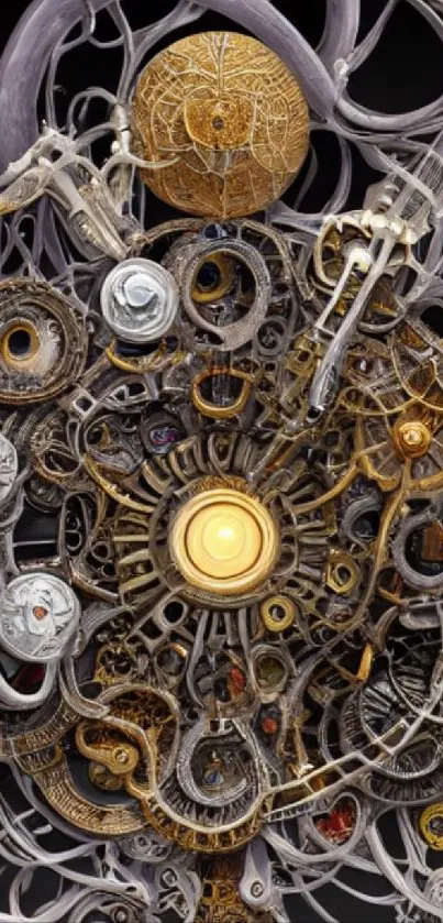 Intricate steampunk gears mobile wallpaper with a focus on machinery.