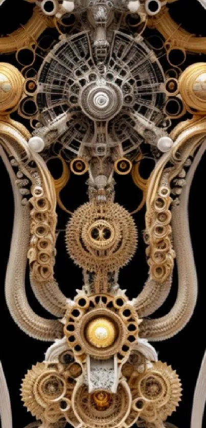 Intricate steampunk gears with gold details on a mobile wallpaper.