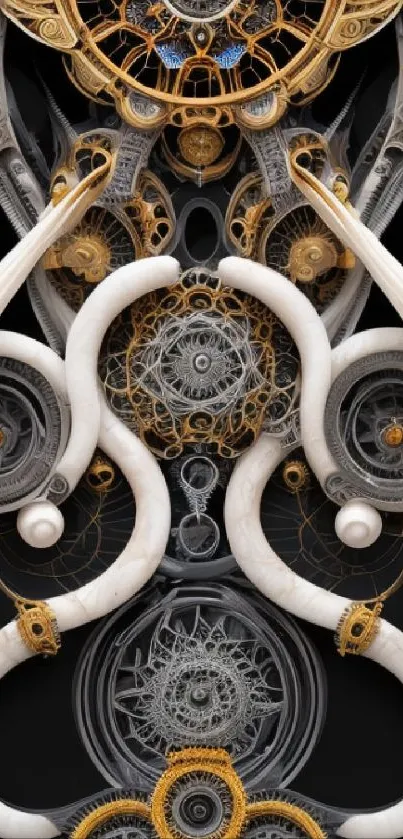 Intricate steampunk gears with golden and silver details in a mobile wallpaper.