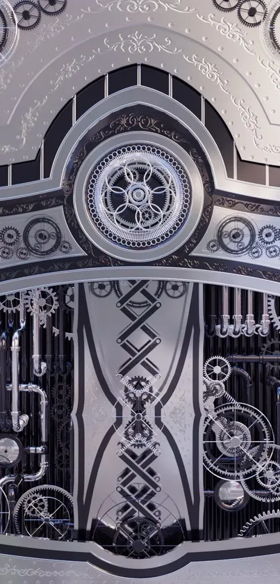 Intricate steampunk wallpaper with gears and mechanical design.