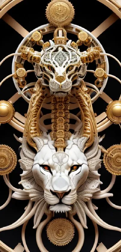 Intricate steampunk lion design with gears and metallic elements.