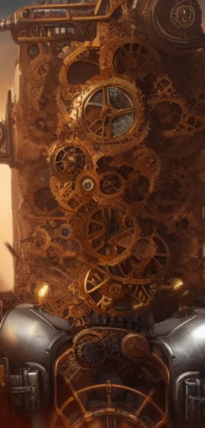 Steampunk machine wallpaper with intricate gear design in brown tones.