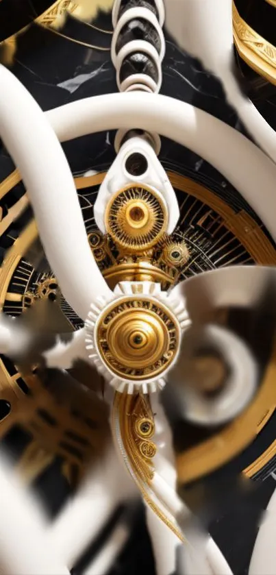 Intricate steampunk design with gold gears and white spirals.