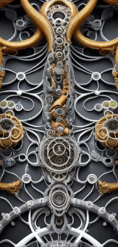 Intricate steampunk wallpaper with copper and metallic gear design.