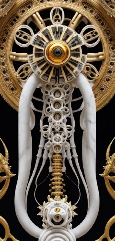 Intricate steampunk design with gears and cogs in gold and white tones.