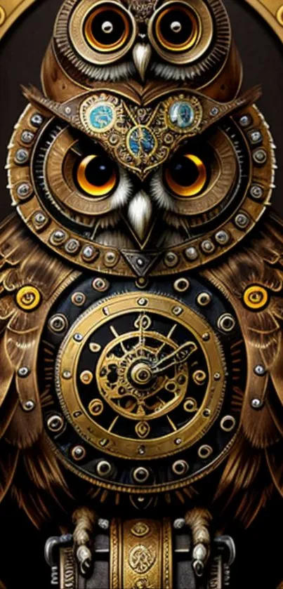 Steampunk owl design with gears and metallic elements on a dark background.