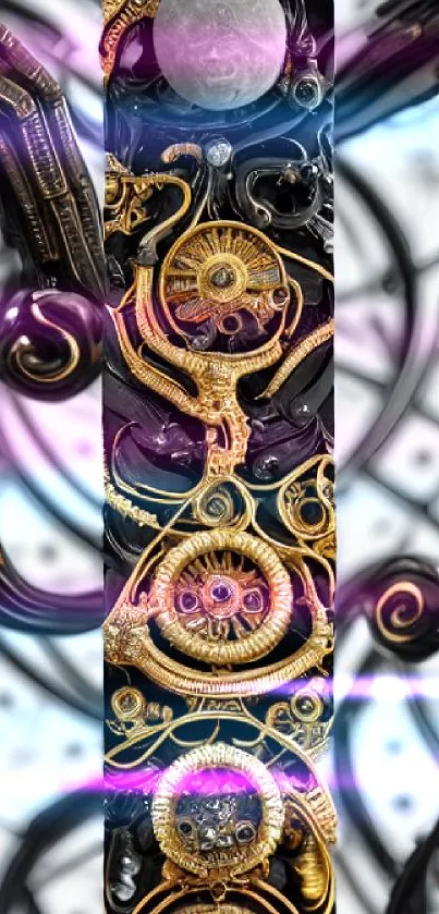 Intricate steampunk design with gold gears and mechanical details.