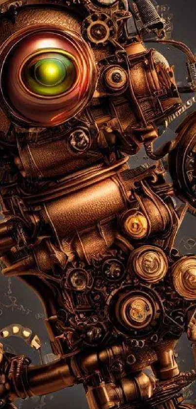 Steampunk robot with gears and metallic details in bronze tones.