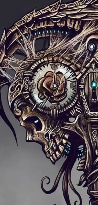 Intricate steampunk skull art wallpaper with mechanical elements.