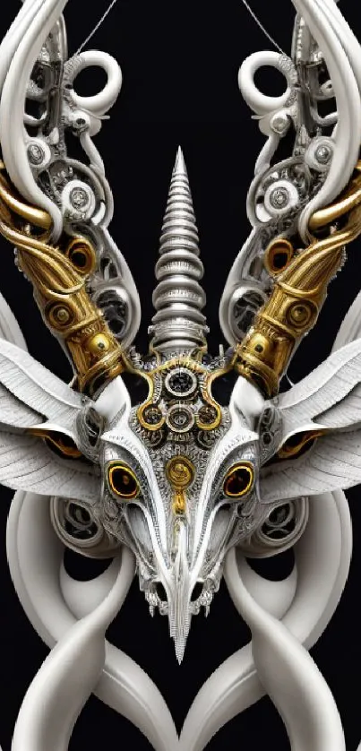 Steampunk skull with intricate gears and surreal horns on a dark background.