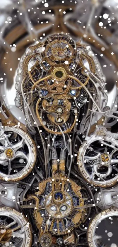 Intricate steampunk mechanical art with snow effect for mobile wallpaper.