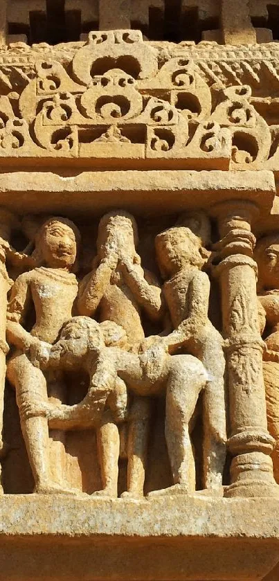 Intricate historical stone carving detail in warm earthy tones.